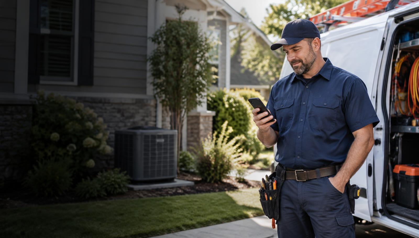 Home-service contractor reviewing a customer lead beside his service van