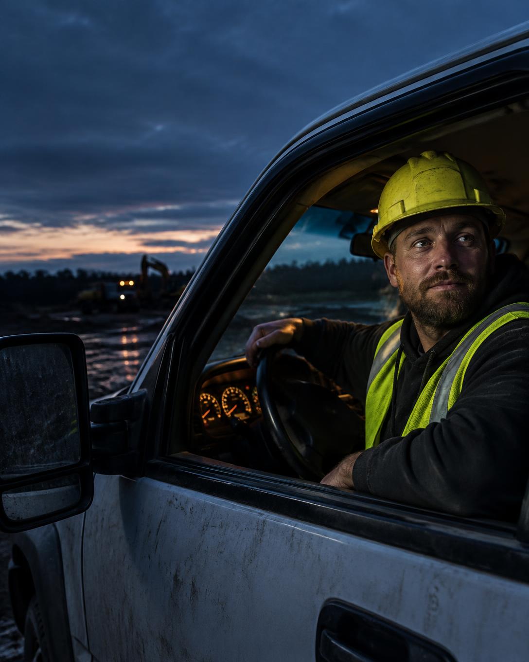 Contractor in a work truck after a job at dusk